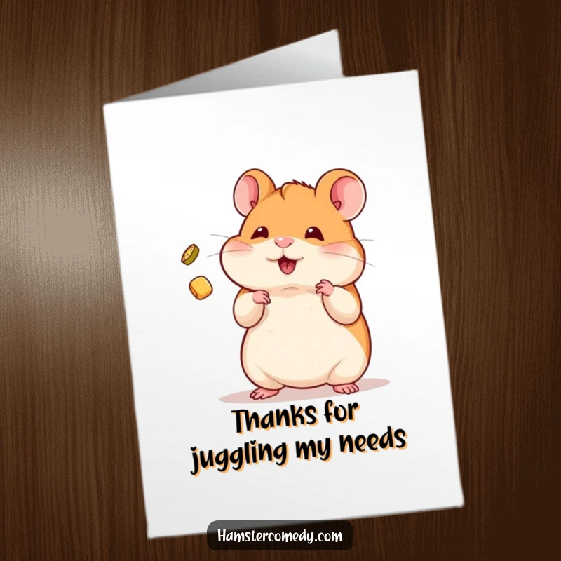 Funny free printable thank you card: A kawaii hamster juggling a tiny treat, demonstrating gratitude with skill.