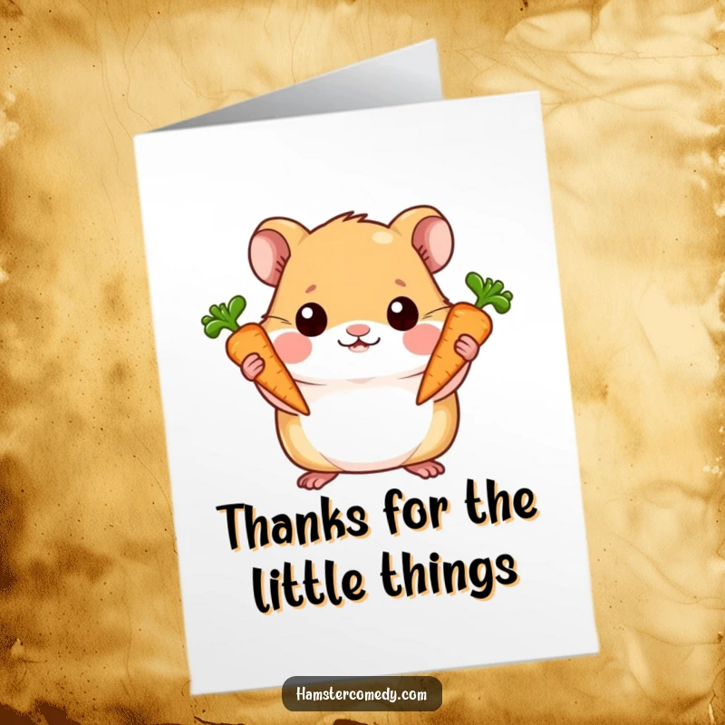 Funny Free Printable Thank You Card: Hamster proudly presenting two tiny carrots, a thankful gesture. Downloadable, print at home.