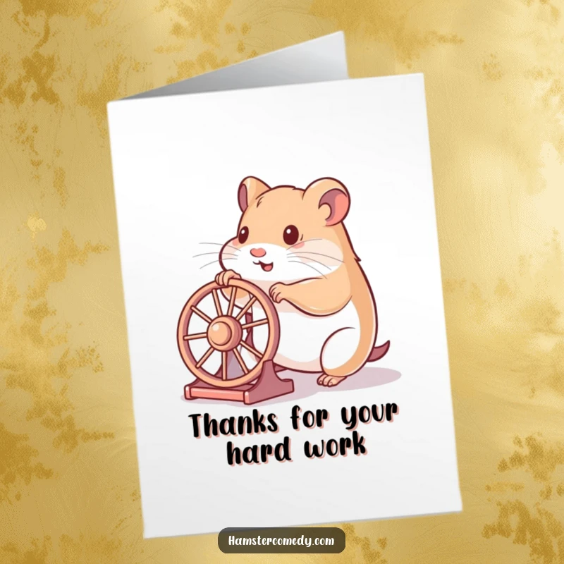 Funny Free Printable Thank You Card with a hamster playfully pushing its wheel, a delightful DIY gift.