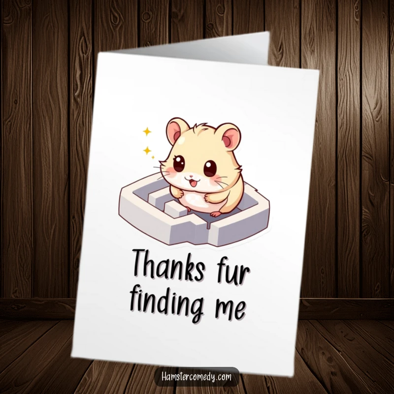 Funny Free Printable Thank You Card: Hamster excitedly exploring miniature maze, sparkling eyes, humorous, downloadable gratitude.