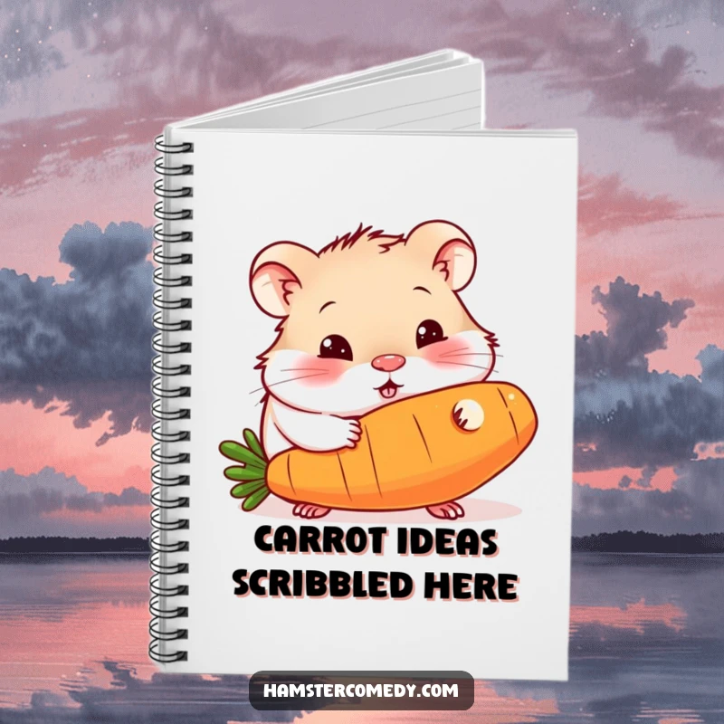 Funny notebook cover with a curious hamster happily gnawing on a giant carrot, perfect for jotting down humorous notes and ideas.
