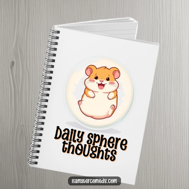 Funny notebook cover with a hamster gleefully rolling inside a clear ball, perfect for jotting down humorous thoughts and ideas.