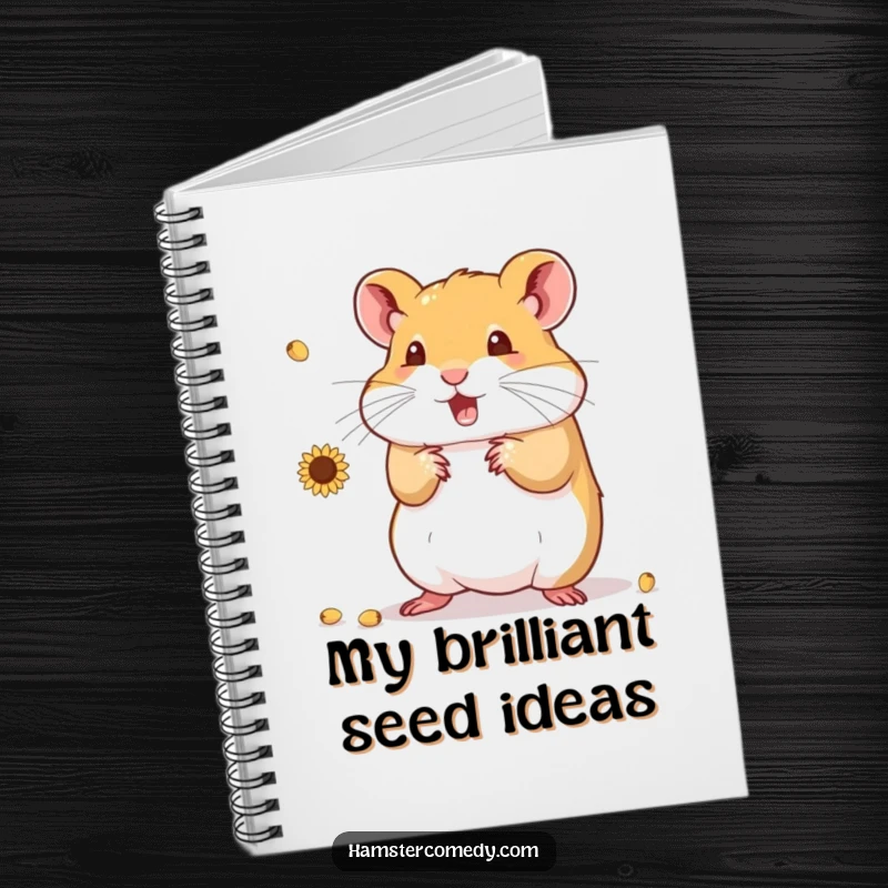 Funny Hamster Notebook with a whimsical hamster juggling sunflower seeds, perfect for note-taking and doodling with humor.