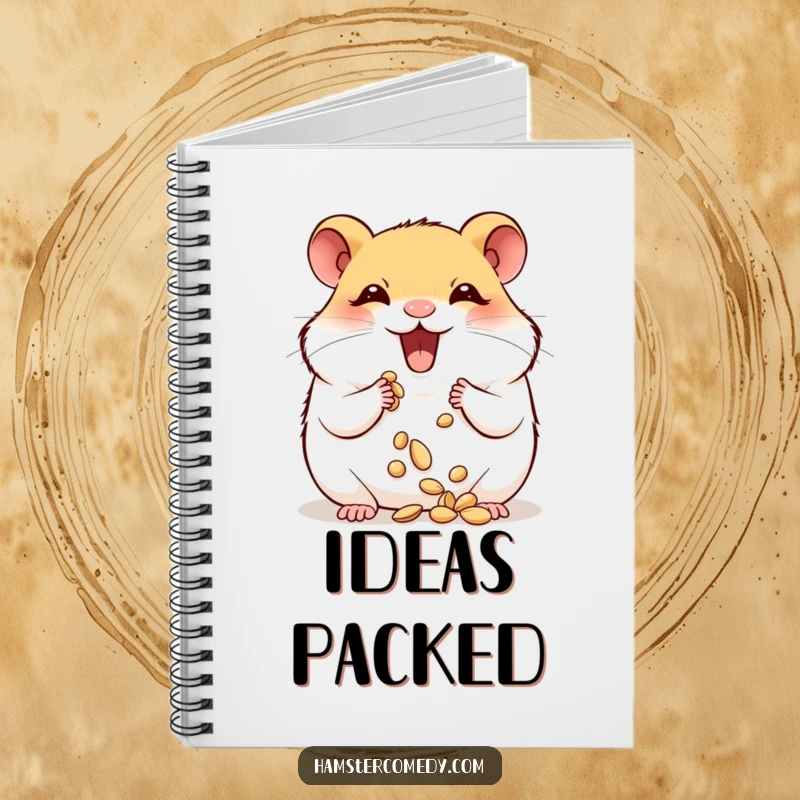 Funny hamster joyfully stuffing its plump cheeks with seeds, a humorous and cute notebook.