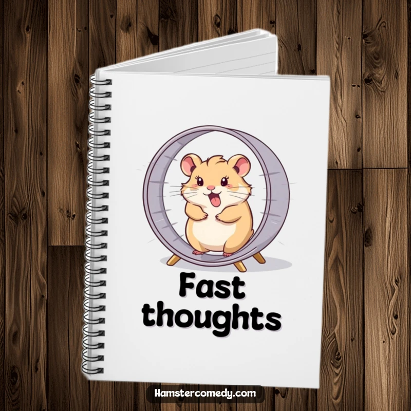Funny hamster comically spinning in its wheel at high speed, a humorous and energetic notebook.