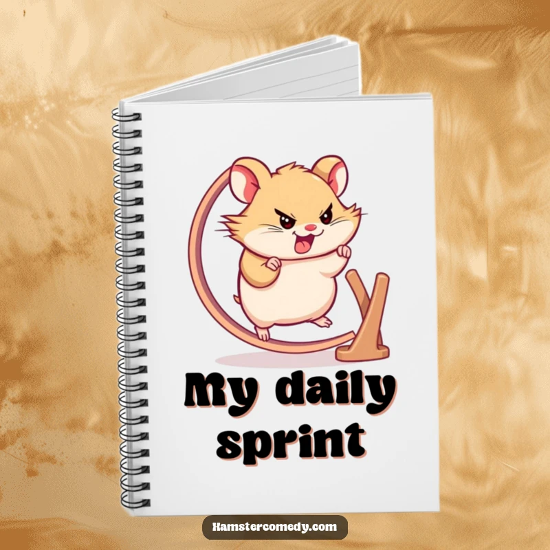 Funny hamster wheel notebook featuring a character running, perfect for journaling and planning, inspiring humor, useful gift.