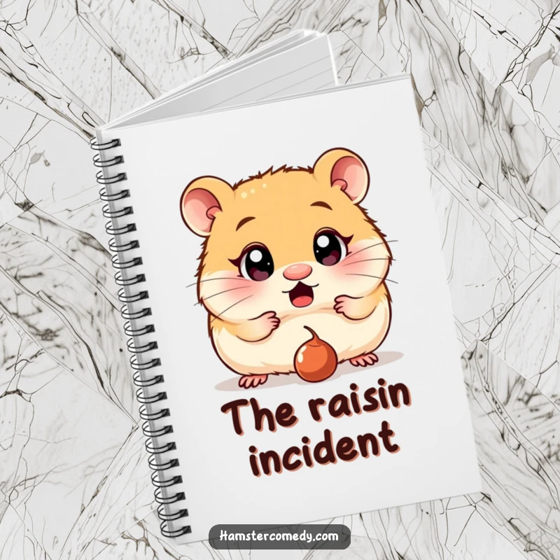 Funny Notebook: A hamster with comically wide, surprised eyes stares at a dropped raisin, a humorous image for noting ideas.