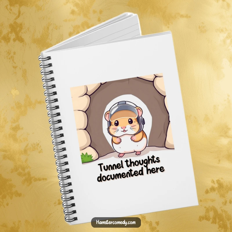 Funny notebook cover with a hamster in a helmet peeking from a tunnel, ideal for jotting down humorous thoughts and ideas.