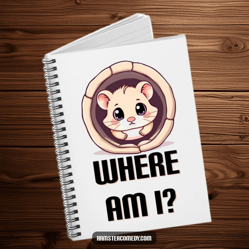Funny kawaii hamster notebook featuring a cute hamster with big, curious eyes exploring a tunnel, perfect for note-taking.