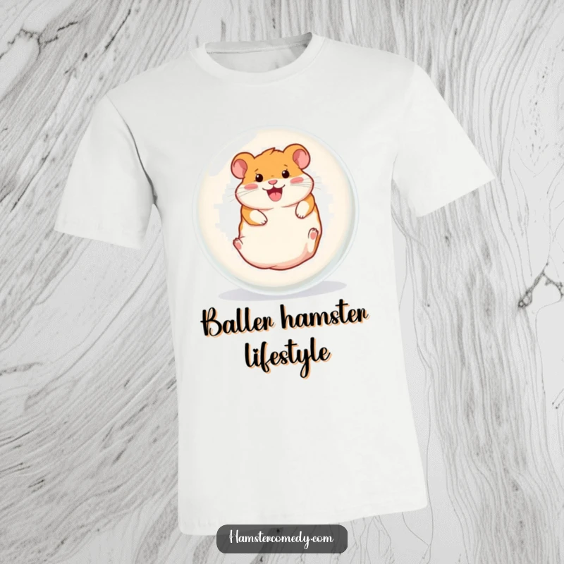 Funny t-shirt design of a hamster gleefully rolling inside a clear ball, capturing a moment of pure, hilarious motion.