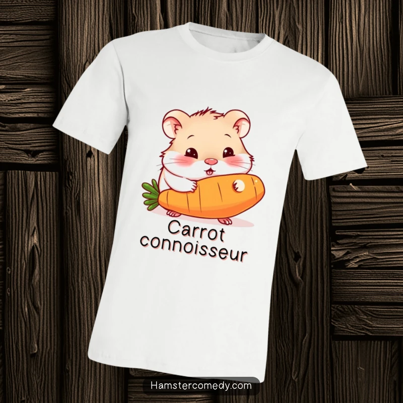 Funny t-shirt design of a wide-eyed hamster intently nibbling a colossal carrot, looking utterly delighted and hungry.