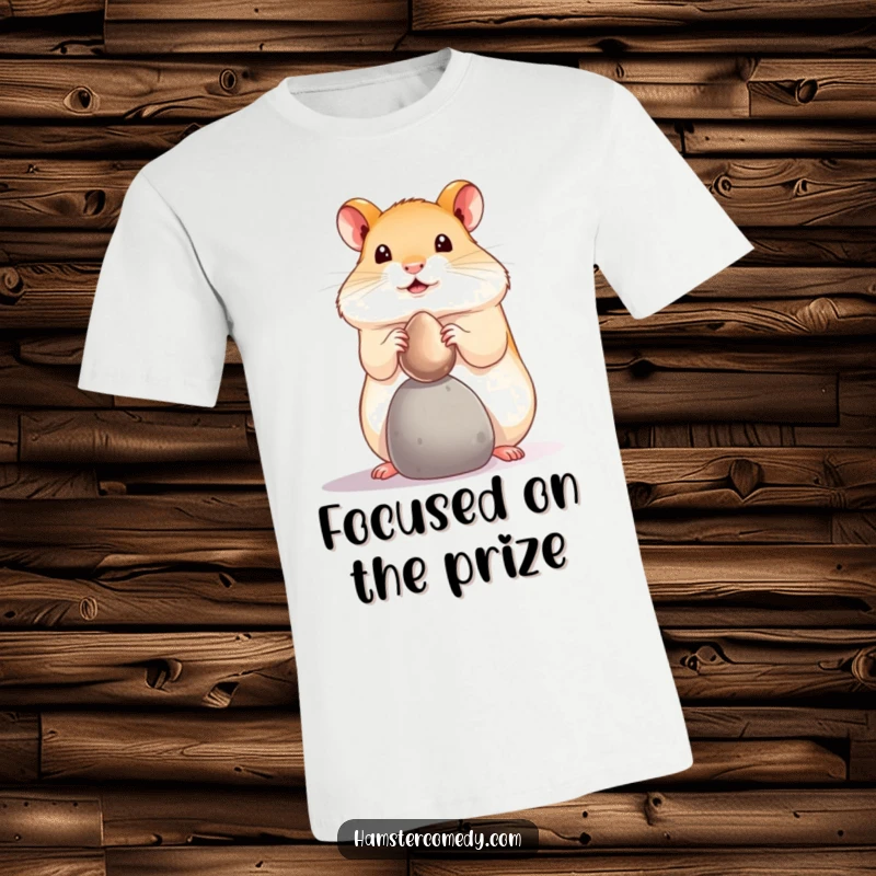 Funny hamster pebble balance t-shirt, showing a tiny pet balancing a shiny pebble on its nose. Humorous funny gift.