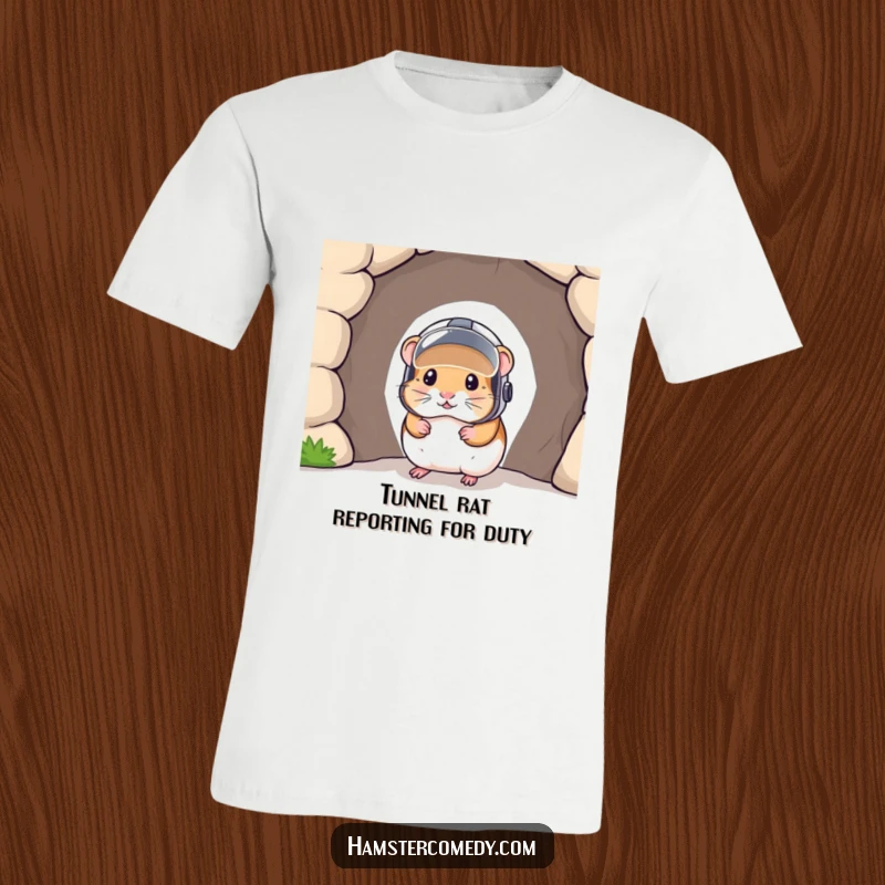 Funny t-shirt graphic of a brave hamster wearing a small helmet, peeking out from a tunnel entrance, full of humor.