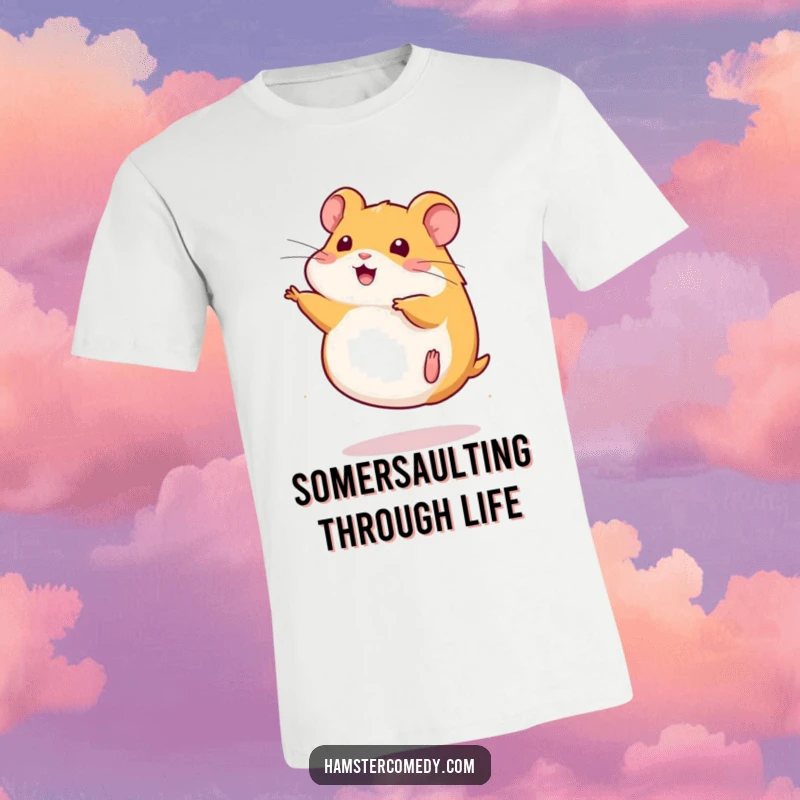Funny T-Shirt featuring a cute kawaii hamster performing an energetic somersault, embodying playful motion.