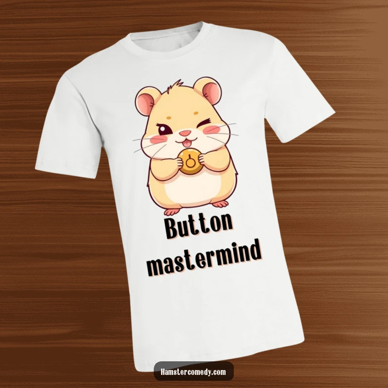 Funny Kawaii Hamster T-Shirt showing a cute hamster with a mischievous wink and holding a tiny button, a humorous and cheeky design.