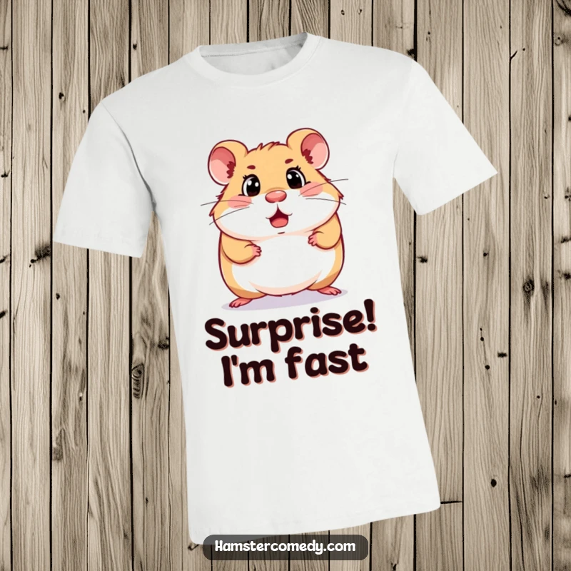 Funny surprised hamster t-shirt depicting a hamster mid-scurry with a comically shocked expression, celebrating unexpected moments.
