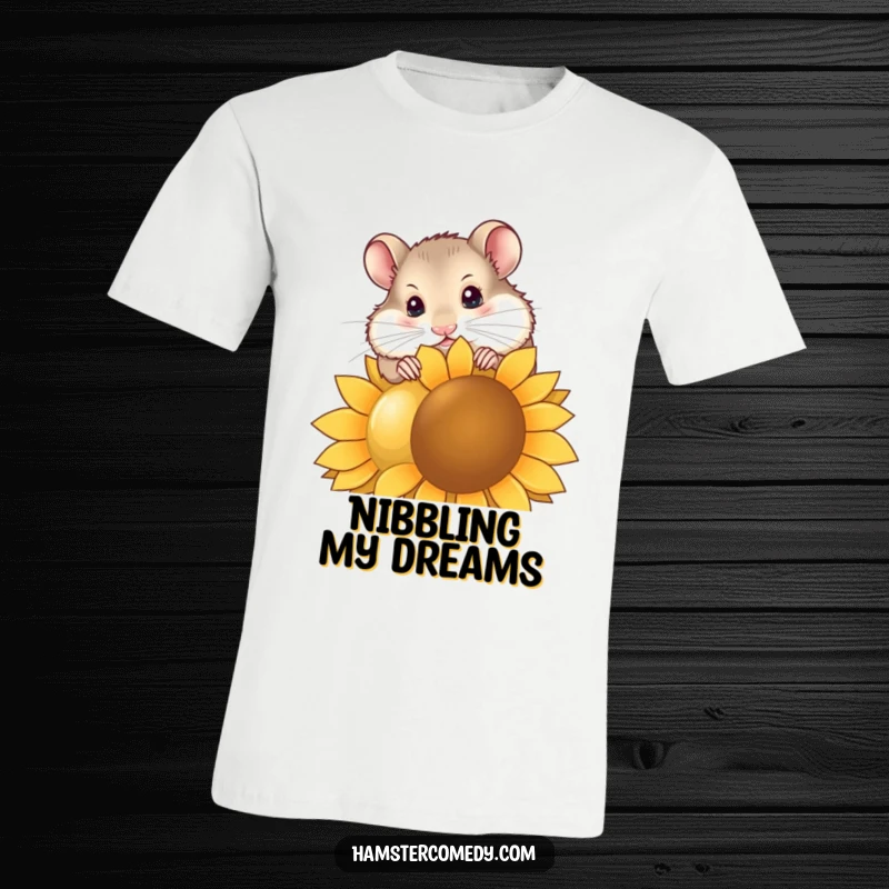 Funny hamster t-shirt with a curious head tilt, enthusiastically nibbling a giant sunflower seed, a humorous depiction of pet joy.