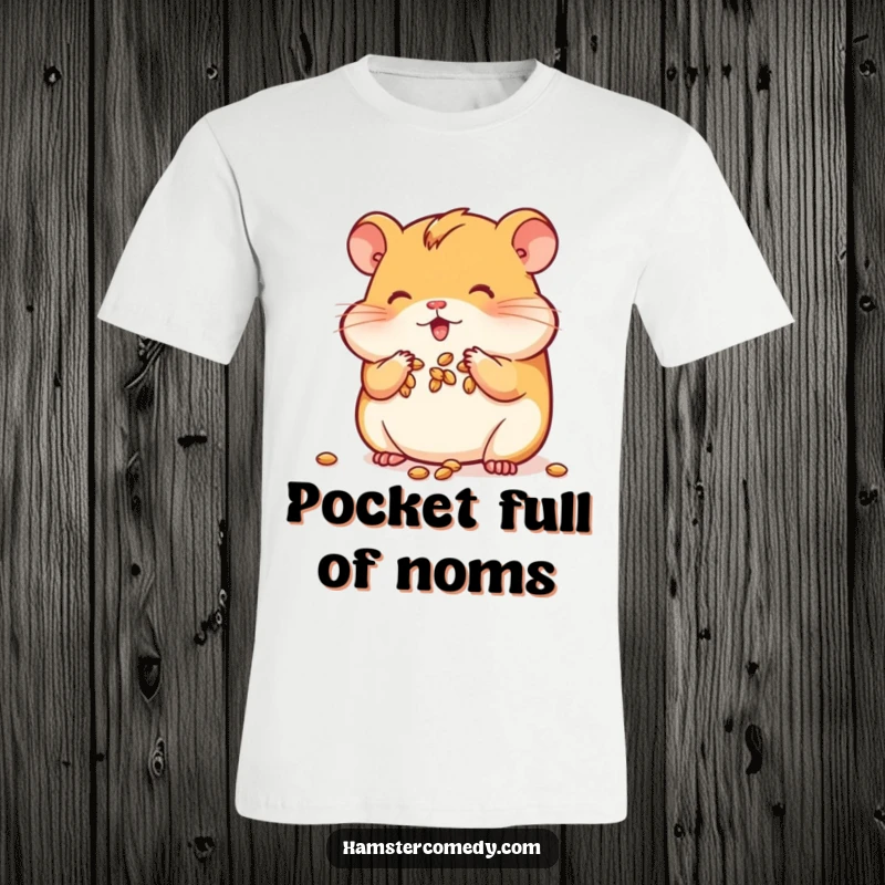 Funny Kawaii Hamster T-Shirt featuring a cute hamster actively stuffing its cheeks with seeds, a humorous design.