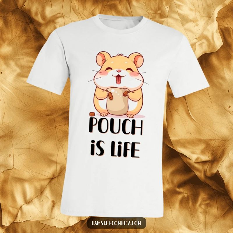 Funny hamster t-shirt of a cute character with bulging cheeks stuffing food, ideal for snack lovers, humorous gift.