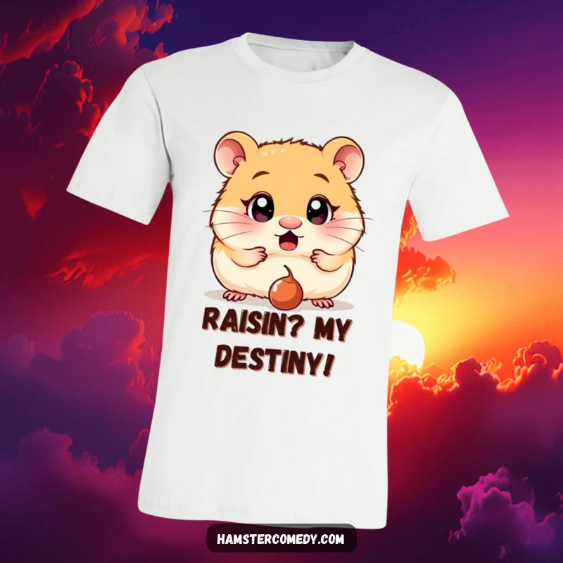 Funny T-Shirt: A hamster with comically wide, surprised eyes is fixated on a single dropped raisin, showcasing pure astonishment.