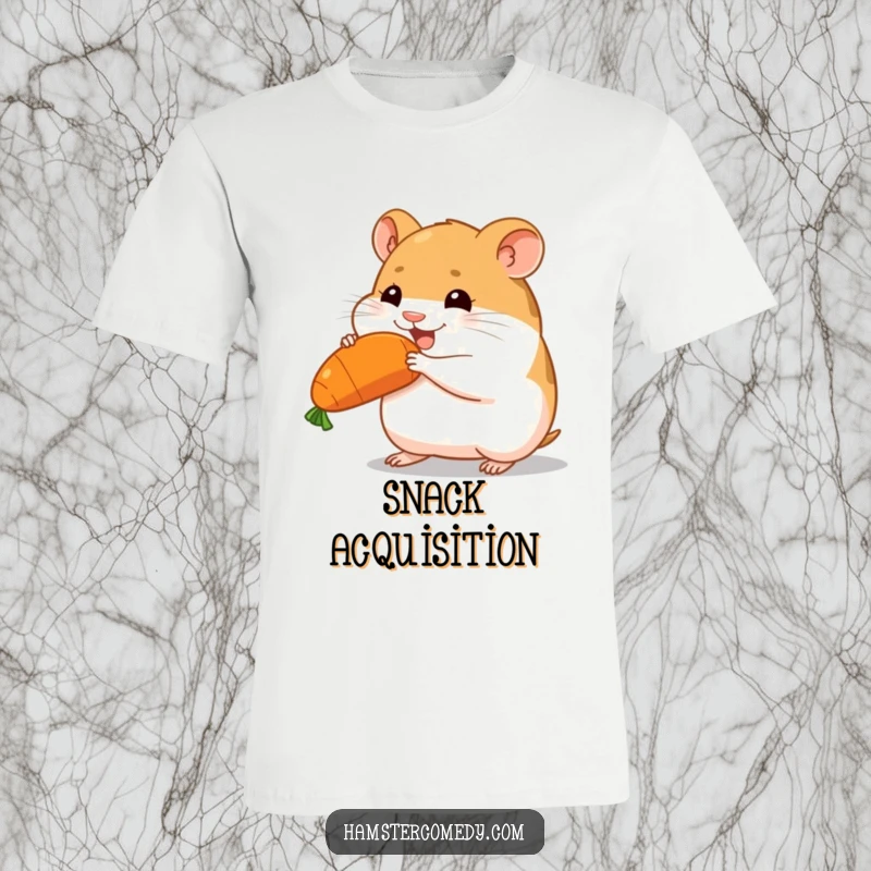 Funny hamster carrying a big carrot, determined look, humorous t-shirt, great funny gift.