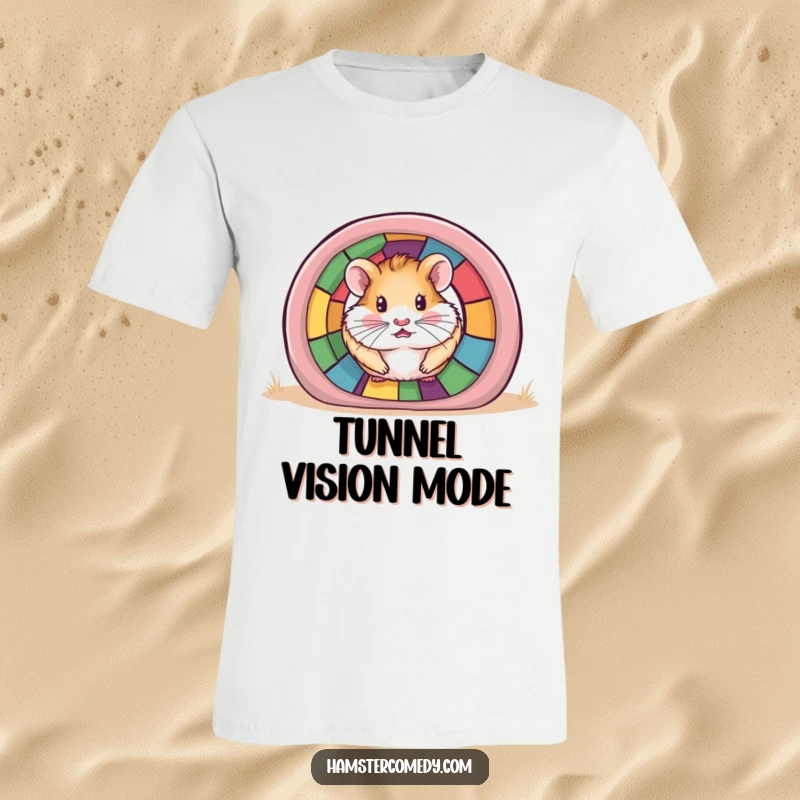 Funny Hamster Tunnel T-Shirt showing a hamster peeking out from a colorful tunnel, great for cute humor.