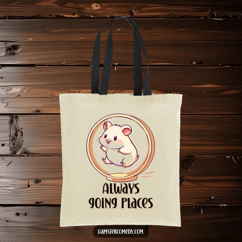 Funny Kawaii Hamster Tote Bag depicting a hamster running energetically on a spinning wheel, great for active people.