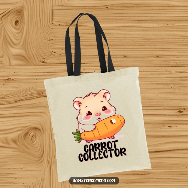 Funny tote bag illustrating a curious hamster with delighted eyes, happily munching on an enormous carrot, a humorous accessory.