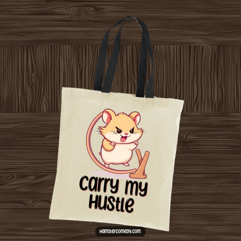 Funny hamster tote bag showing a determined character sprinting on a wheel, combining utility with humorous motivation, great gift.