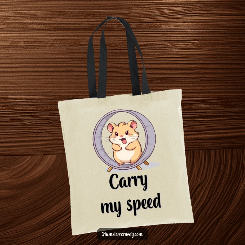 Funny hamster comically spinning in its wheel at high speed, a humorous and practical tote bag.