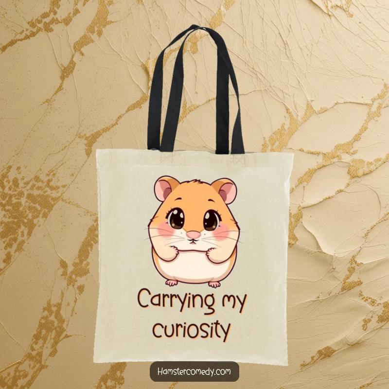 Funny Tote Bag featuring a kawaii hamster with wide eyes intently sniffing the air, ready for discovery.