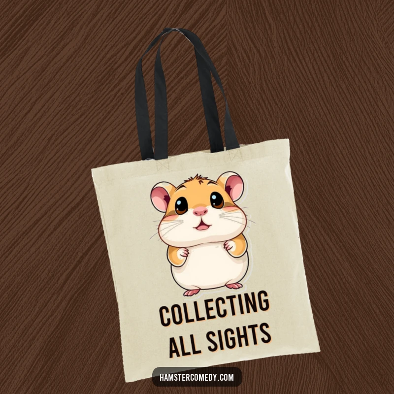 Funny Hamster Tote Bag featuring a creature with enormous, inquisitive eyes, scanning its surroundings with humorous curiosity.