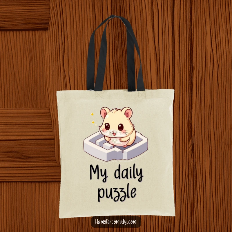 Funny hamster tote bag showing a character exploring a maze with sparkling eyes, combining utility with humorous curiosity, great gift.