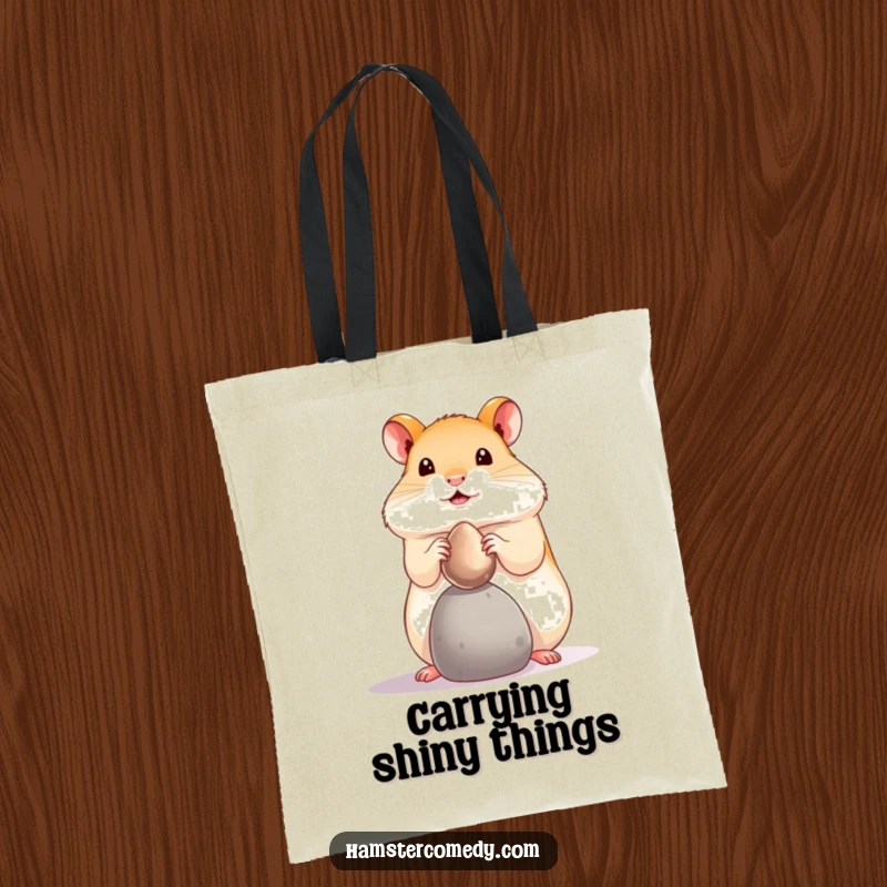 Funny hamster pebble balance tote bag, featuring a tiny hamster balancing a shiny pebble. Practical funny gift.