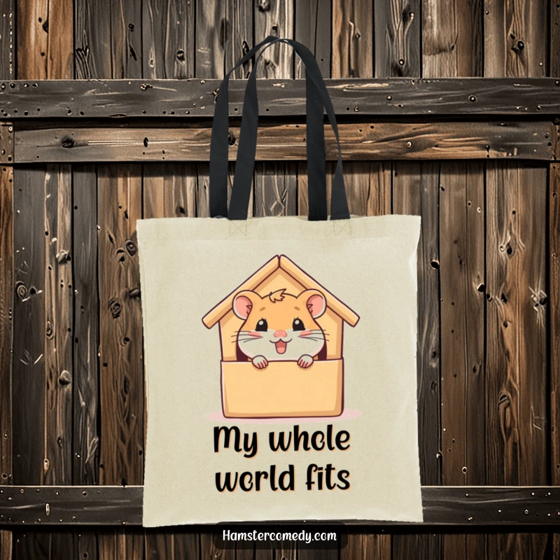 Funny hamster tote bag, peeking from a cardboard house with glee, perfect for shopping or daily use, a humorous and practical gift.