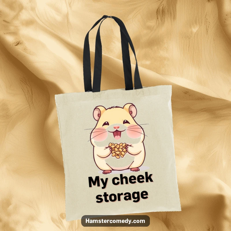 Funny Hamster Tote Bag depicting a hamster stuffing its cheeks, excellent for carrying snacks humorously.