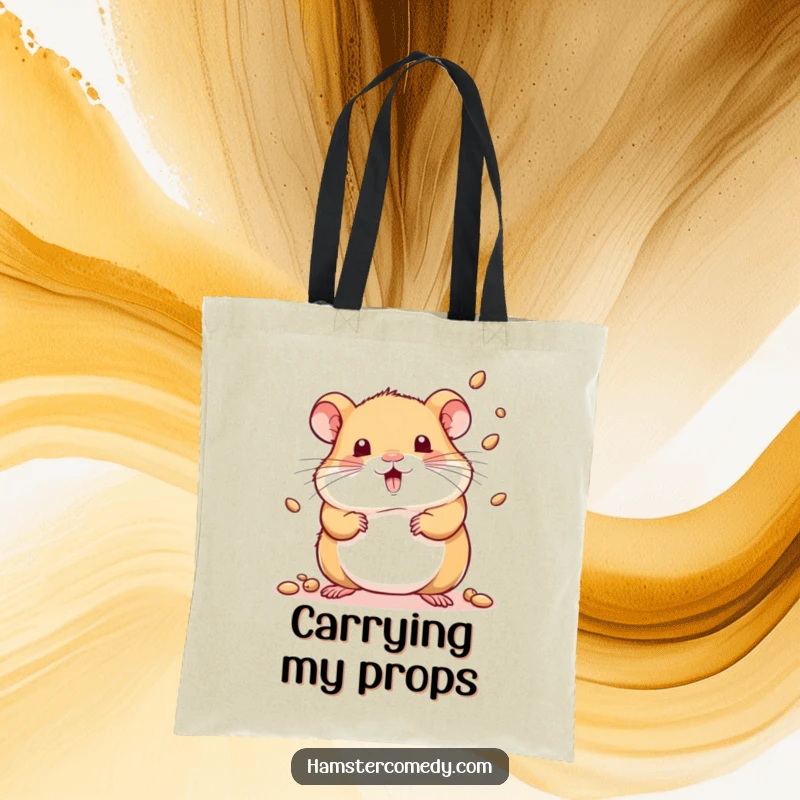 Funny tote bag with a kawaii hamster playfully juggling tiny seeds, showcasing its impressive skills.