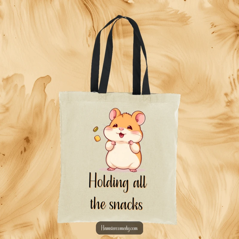Funny Tote Bag featuring a kawaii hamster skillfully juggling a tiny treat, perfect for carrying daily items.