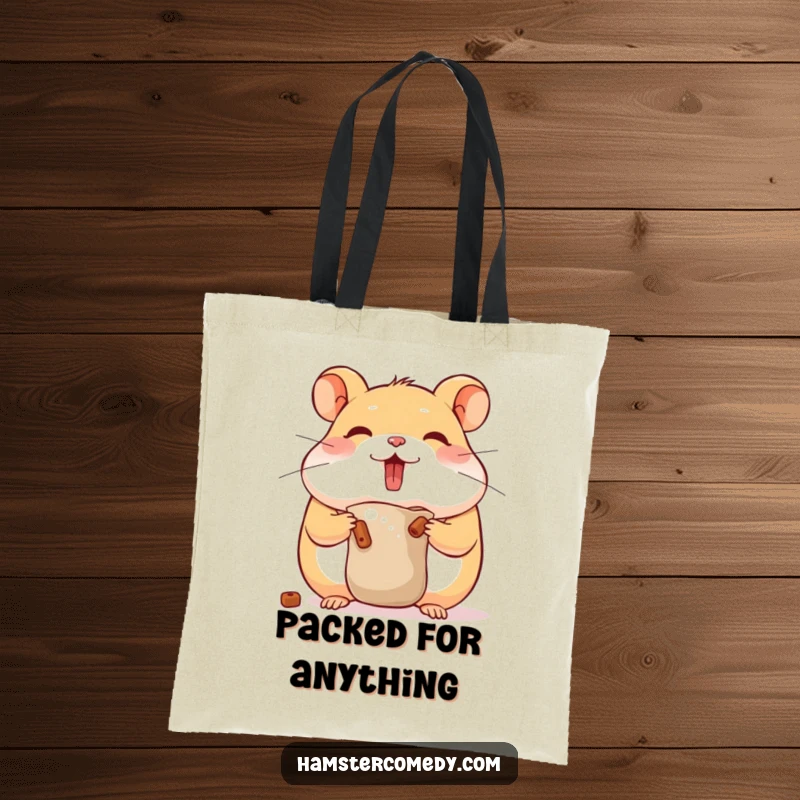 Funny hamster tote bag showing a character with bulging cheeks stuffing food, combining utility with humorous hoarding, great gift.